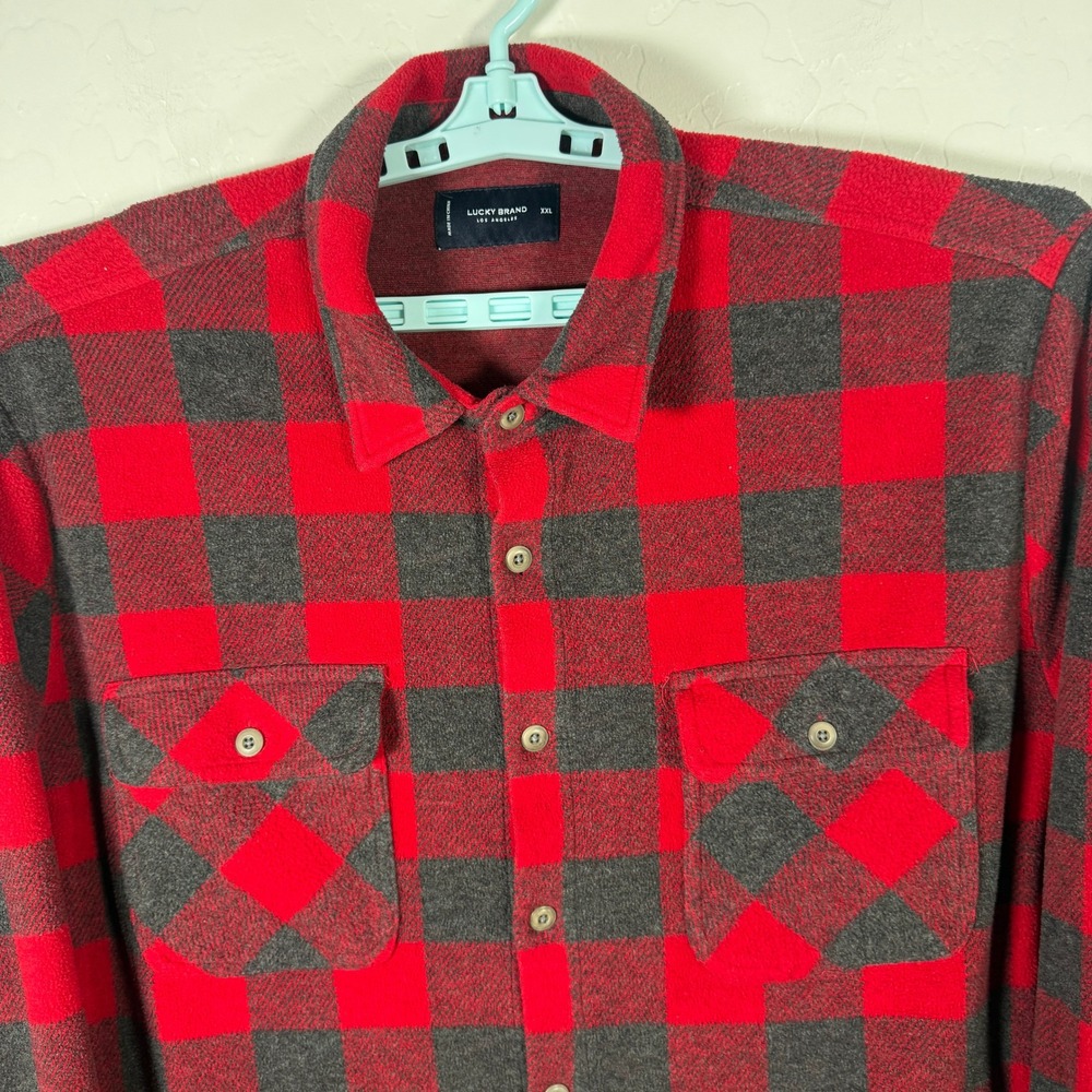 Lucky Brand Flannel Shirt Mens 2XL Red Buffalo Plaid Fleece Stretch Button Up
